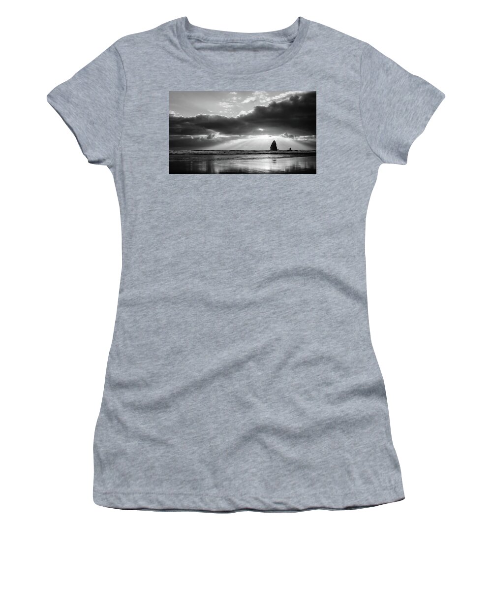 Cannon Beach Women's T-Shirt featuring the photograph Basking in the Light BW by Don Schwartz