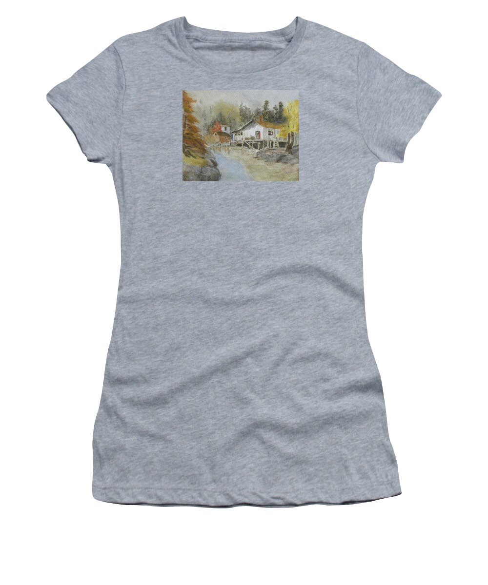 Landscape Water Color Ocean Harbor Houses Woods Women's T-Shirt featuring the painting Bass Harbor Retreat by Scott W White