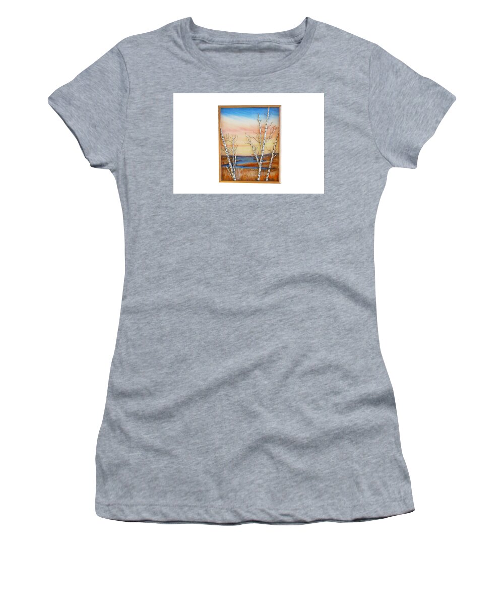 Birch Bay Ocean Tide Coastal Fall Winter Sky Women's T-Shirt featuring the mixed media Bay Birch by Daniel Dubinsky