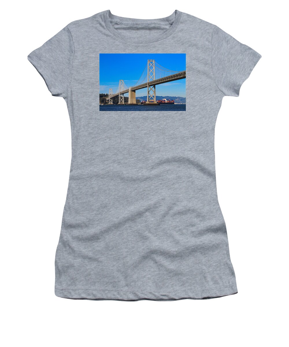Bonnie Follett Women's T-Shirt featuring the photograph Bay Bridge with APL Houston by Bonnie Follett