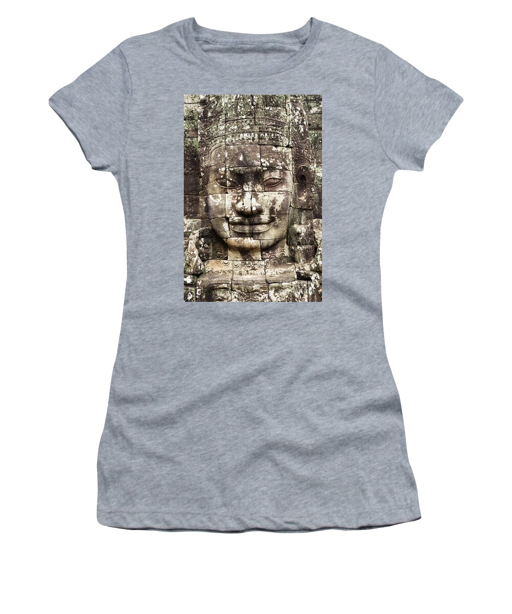 Cambodia Women's T-Shirt featuring the photograph Bayon Face 01 by Rick Piper Photography