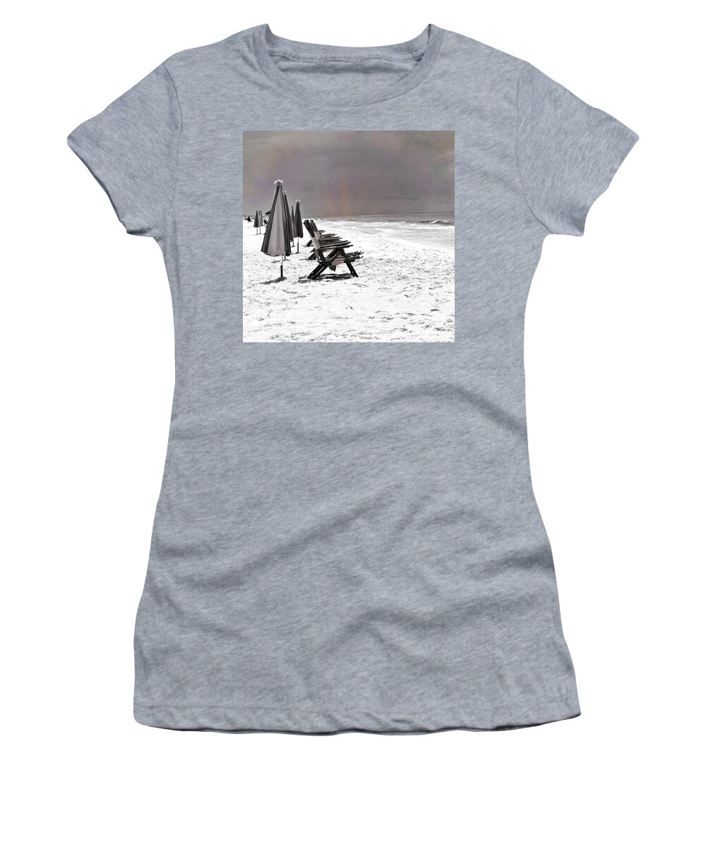 Beach Chairs Women's T-Shirt featuring the photograph Beach Chairs BW by Mary Pille