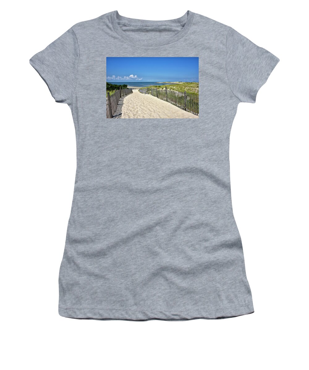 Cape Henlopen State Park Women's T-Shirt featuring the photograph Beach Path at Cape Henlopen State Park - The Point - Delaware by Brendan Reals