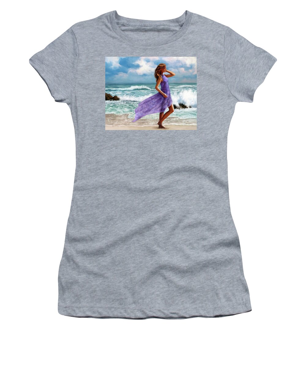 Beach Stroll Walking Surf Girl Women's T-Shirt featuring the mixed media Beach Stroll by Murry Whiteman