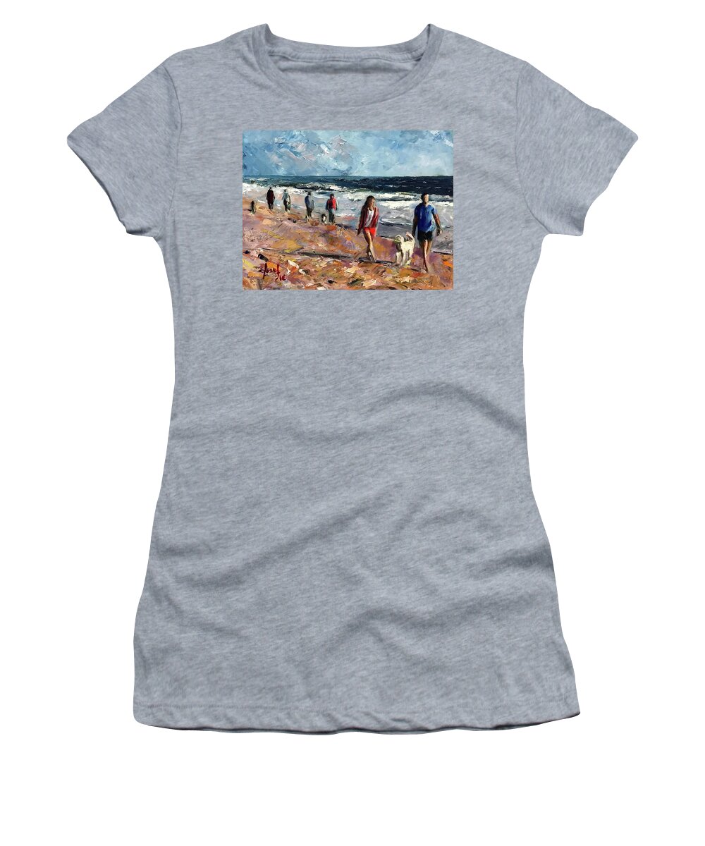 Beach Women's T-Shirt featuring the painting Beach Walk Time by Josef Kelly
