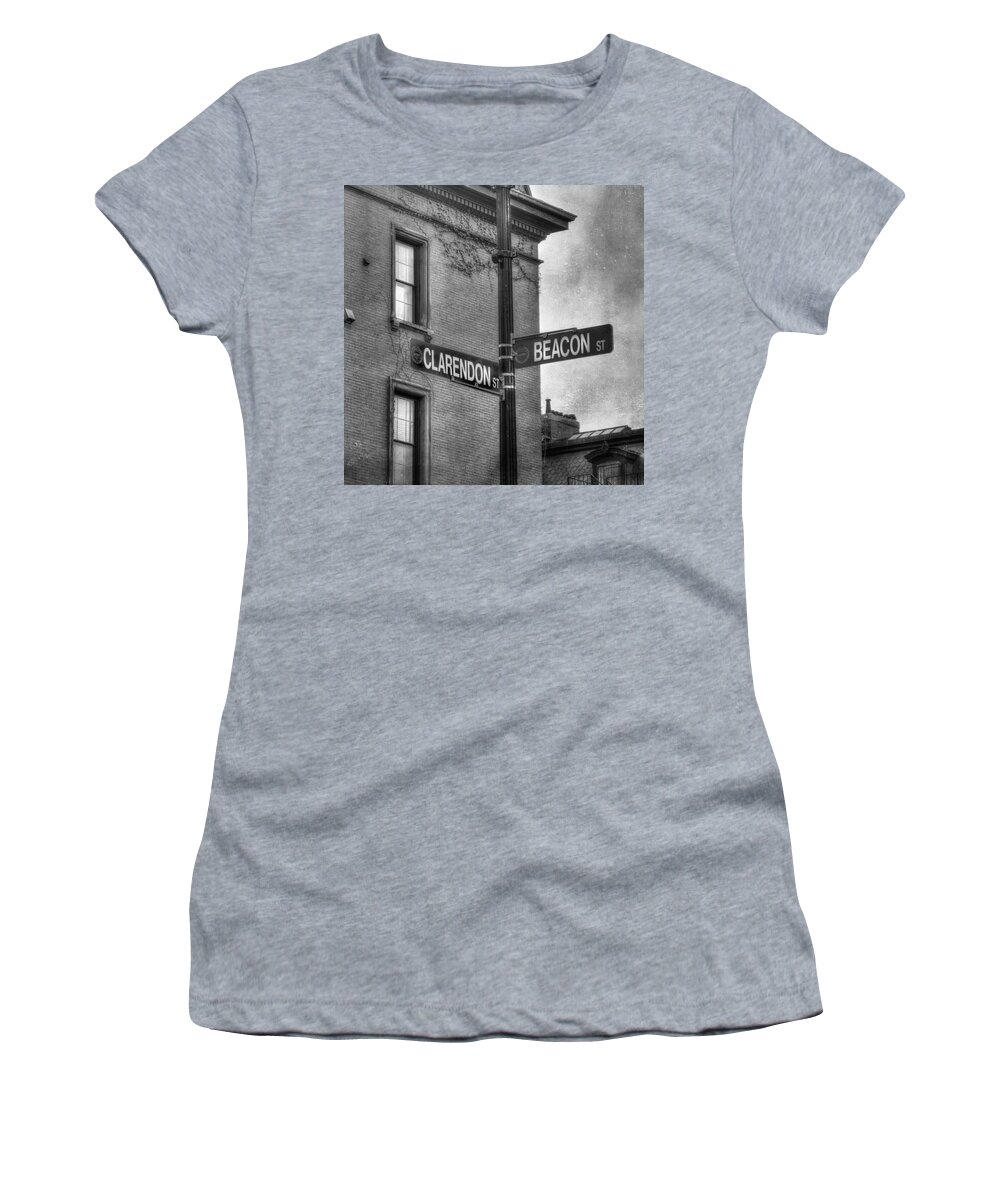  Women's T-Shirt featuring the photograph Beacon Street Sign Boston Back Bay Urban Scene in Black and White by Joann Vitali