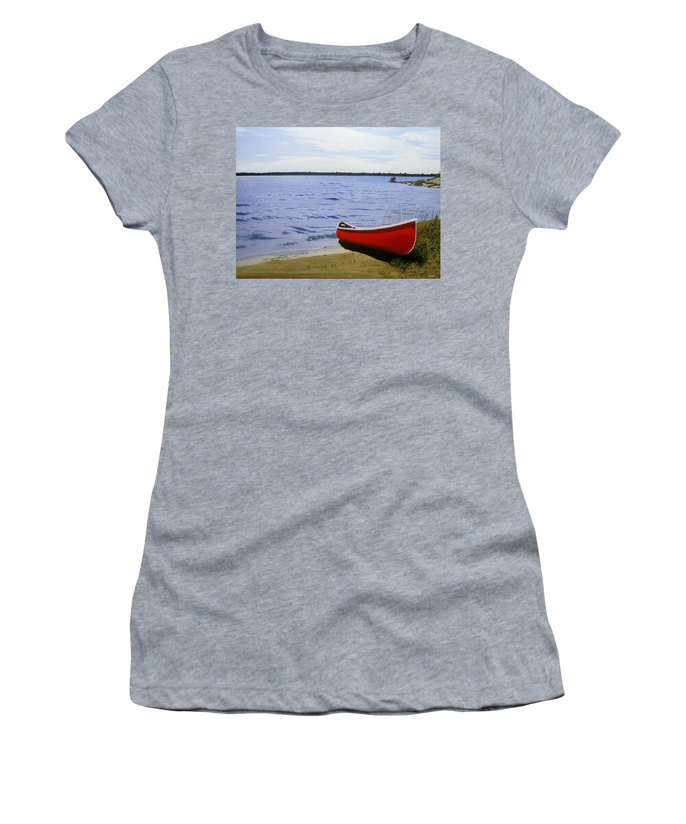 Landscpaes Women's T-Shirt featuring the painting Beautiful Red Canoe by Kenneth M Kirsch