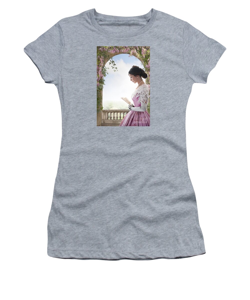 Victorian Women's T-Shirt featuring the photograph Beautiful Victorian Woman In Pink Dress Standing Under A Wisteri by Lee Avison