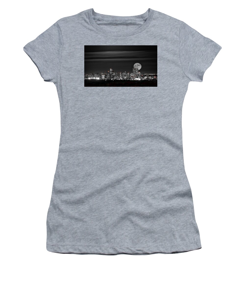 Beaver Moon Women's T-Shirt featuring the photograph Beaver Moonrise in B and W by Kristal Kraft