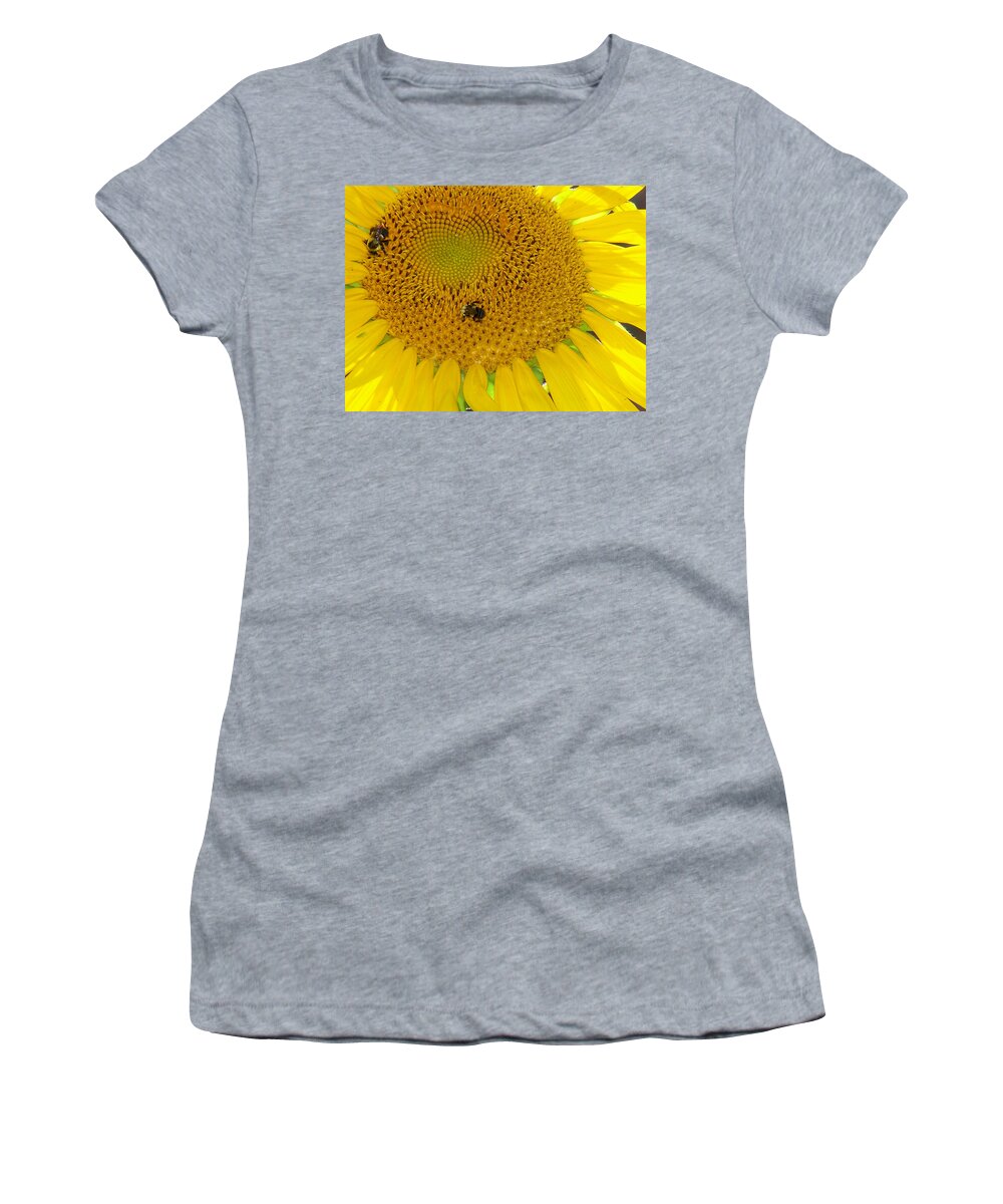 Sunflower Women's T-Shirt featuring the photograph Bees Share A Sunflower by Sandi OReilly