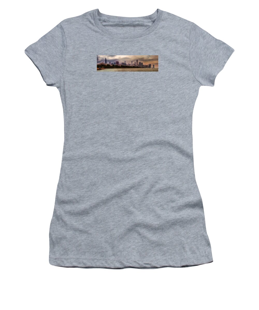 Lake Michigan Women's T-Shirt featuring the photograph Before The Spring Storm Chicago Lakefront Panorama 04 by Thomas Woolworth