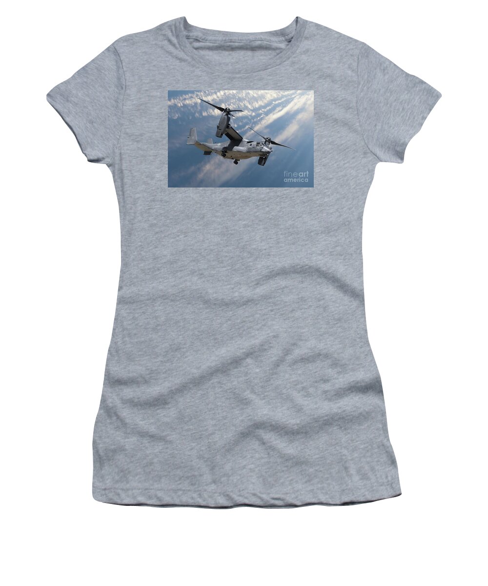 Osprey Women's T-Shirt featuring the photograph Bell Boeing Osprey V-22 helicopter close up view flying by Simon Bratt