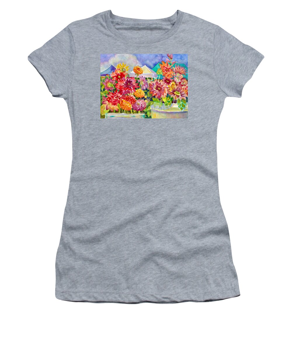 Dahlias Women's T-Shirt featuring the painting Betsy's Dahlias III by Ann Nicholson
