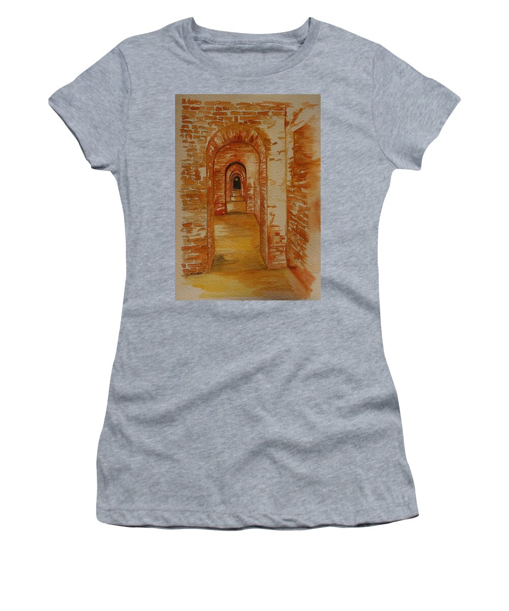 Brick Women's T-Shirt featuring the painting Beyond The Black Door by Julie Lueders 
