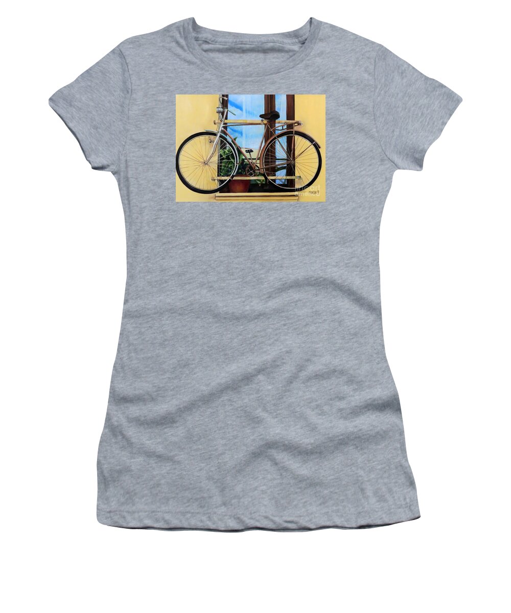 Bicycle Women's T-Shirt featuring the painting Bike In The Window by Marilyn McNish