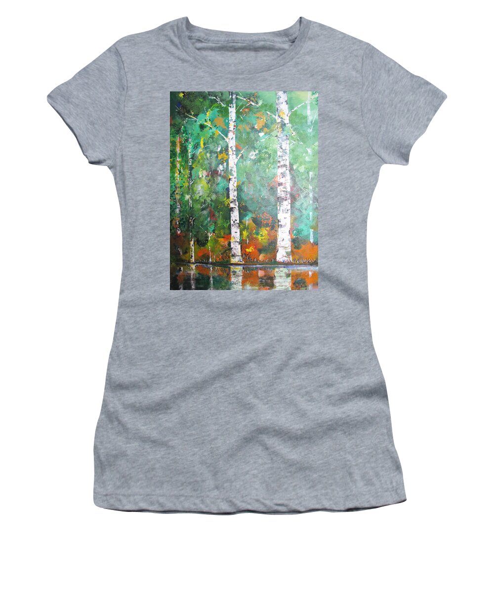 Waterfall Women's T-Shirt featuring the painting Birch in Color by Gary Smith