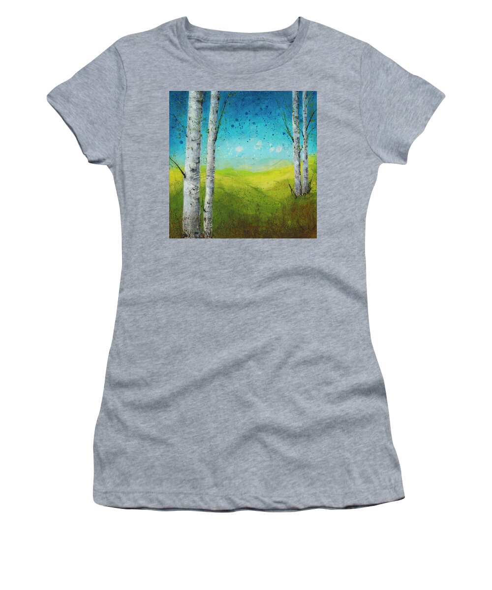 Acrylic Women's T-Shirt featuring the painting Birches In Green by Brenda O'Quin