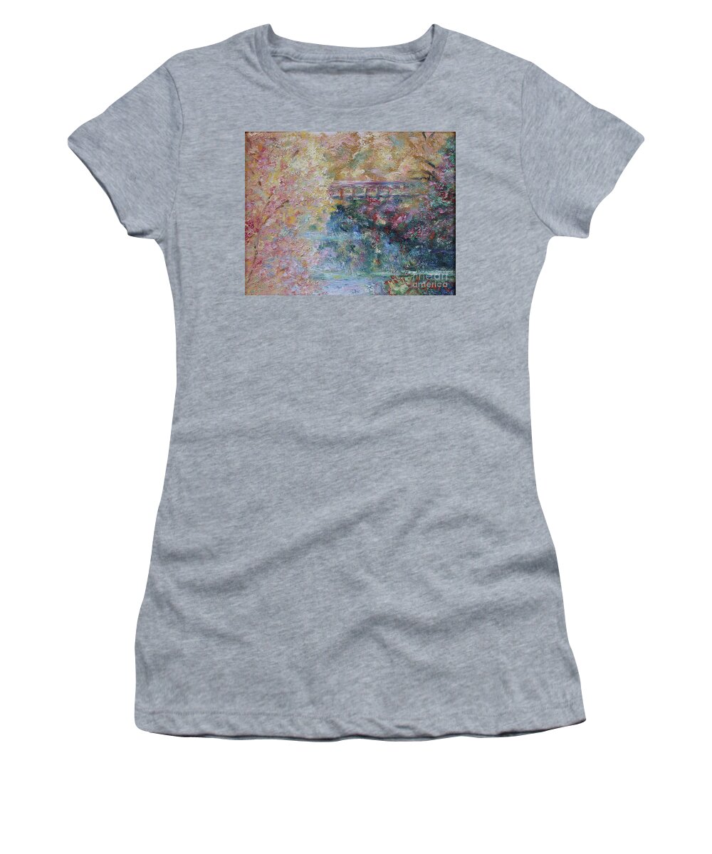 Fall Colors Women's T-Shirt featuring the painting Birds Boaters And Bridges Of Barton Springs - Autumn Colors Pedestrian Bridge by Felipe Adan Lerma