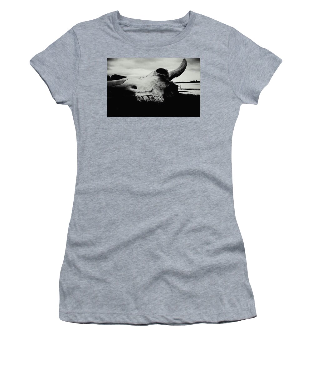 Bison Women's T-Shirt featuring the photograph Bison Skull Black White by 'REA' Gallery