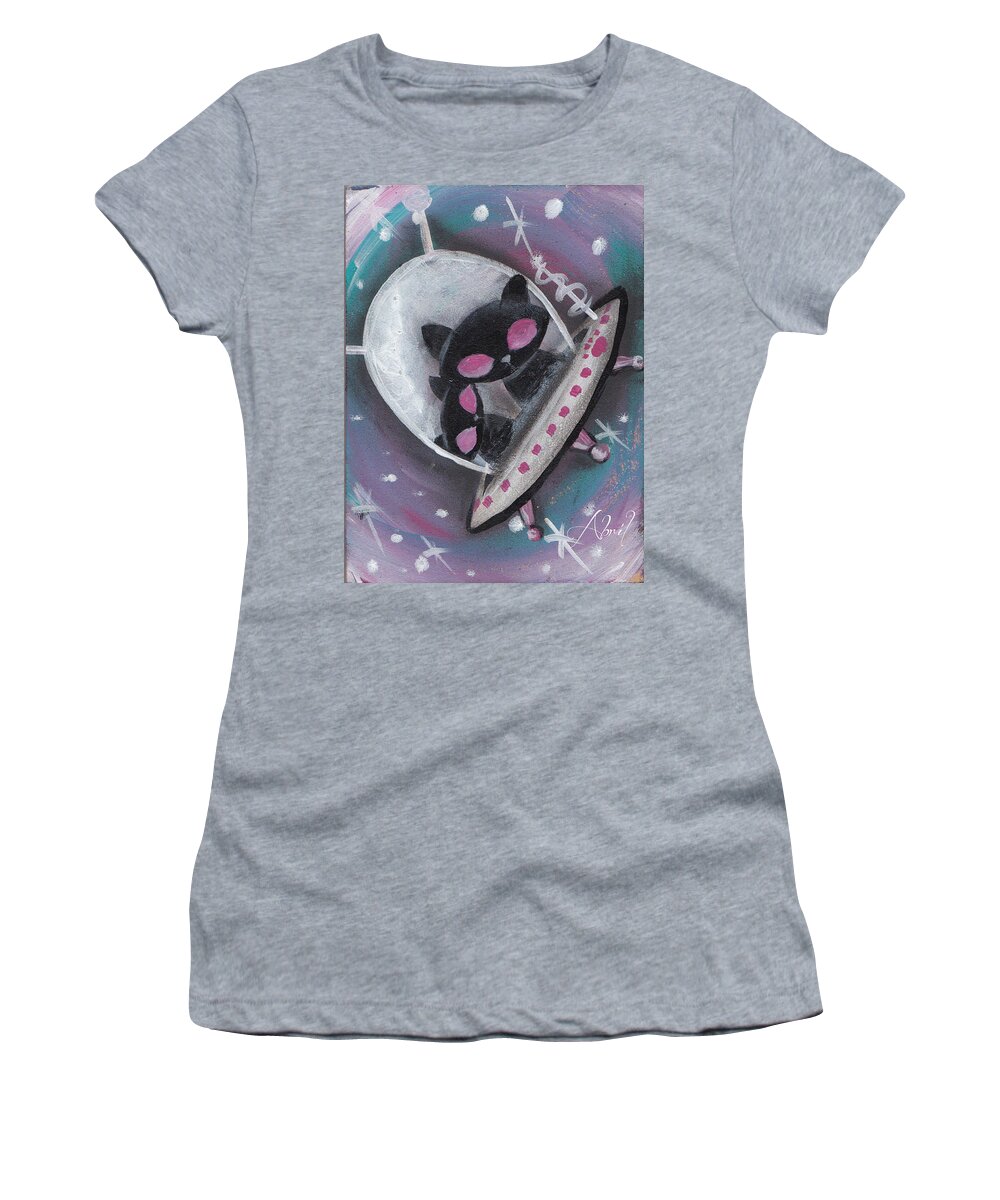 Mid Century Modern Women's T-Shirt featuring the painting Black Alien Space Cats by Abril Andrade