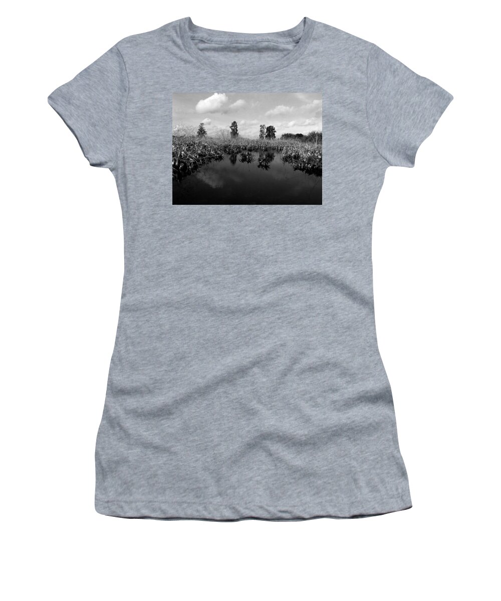 Black And White Women's T-Shirt featuring the photograph Black and White Marsh on Heron Hideout Trail by Christopher Mercer