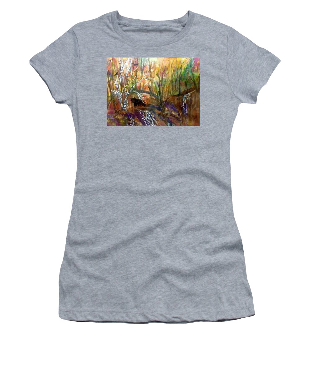 Black Bear Women's T-Shirt featuring the painting Black Bear in Autumn Woods by Ellen Levinson