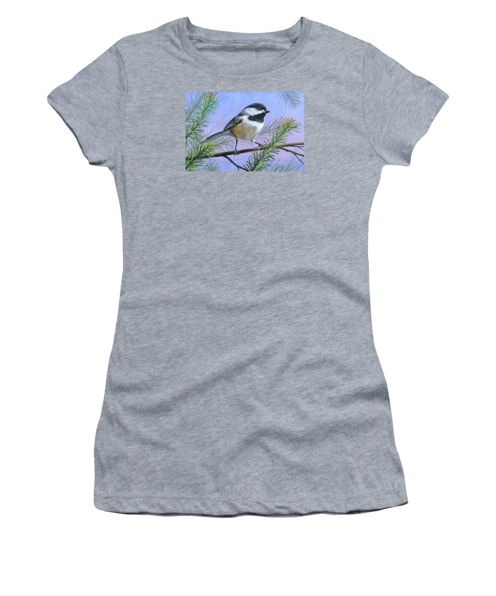 Black Capped Women's T-Shirt featuring the painting Black Cap Chickadee by Mike Brown