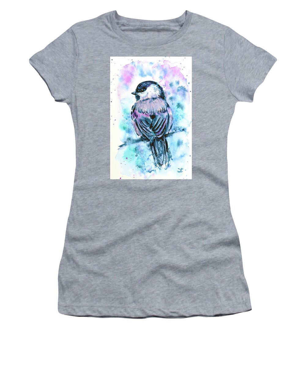 Chickadee Women's T-Shirt featuring the painting Black-Capped Chickadee by Zaira Dzhaubaeva