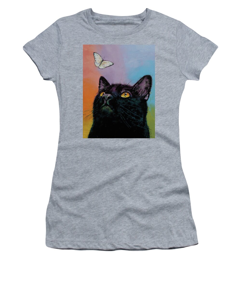 Cat Women's T-Shirt featuring the painting Black Cat Butterfly by Michael Creese