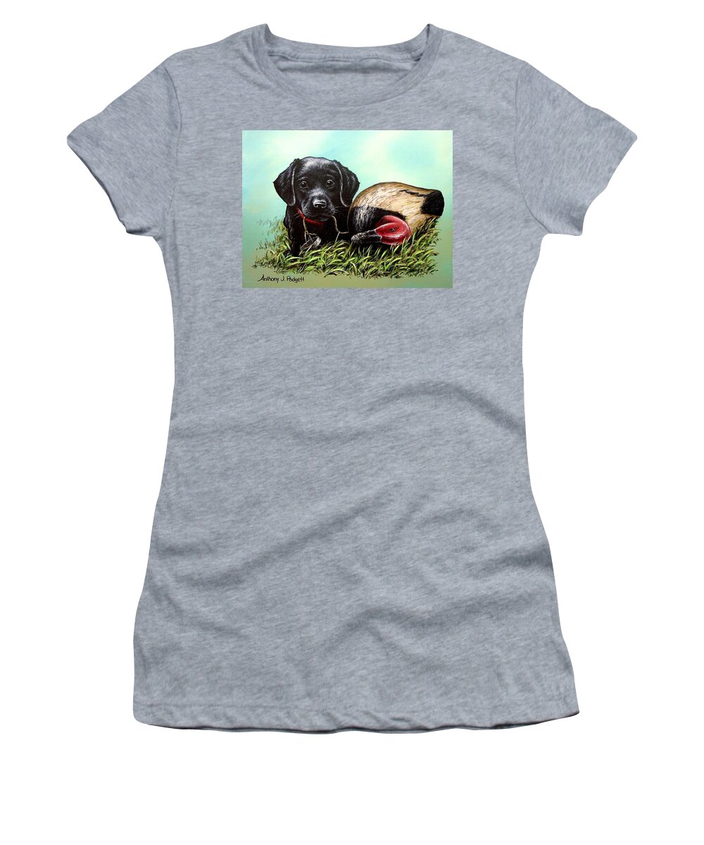 Black Lab Women's T-Shirt featuring the painting Black Lab Pup by Anthony J Padgett