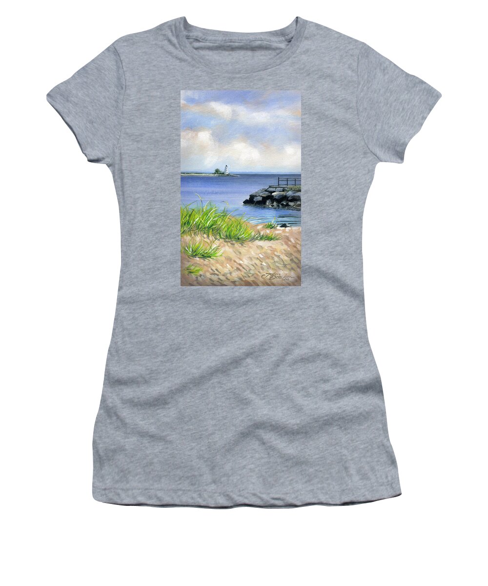 Lighthouse Seascape Women's T-Shirt featuring the painting Black Rock by John Deecken