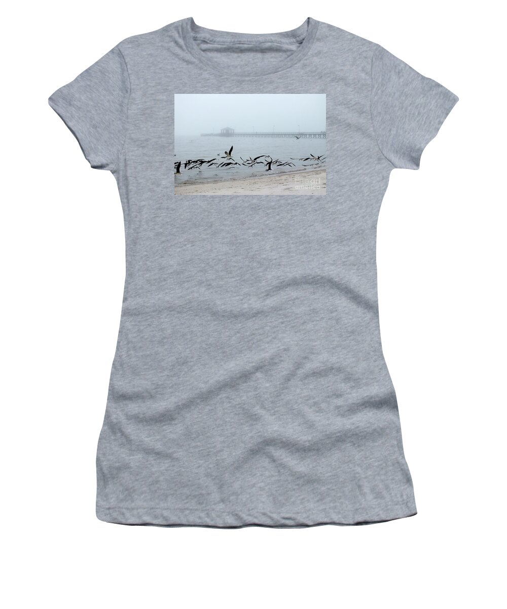 Shorebirds-flying Birds-at The Beach Women's T-Shirt featuring the photograph Black Skimmers - Biloxi Mississippi by Scott Cameron