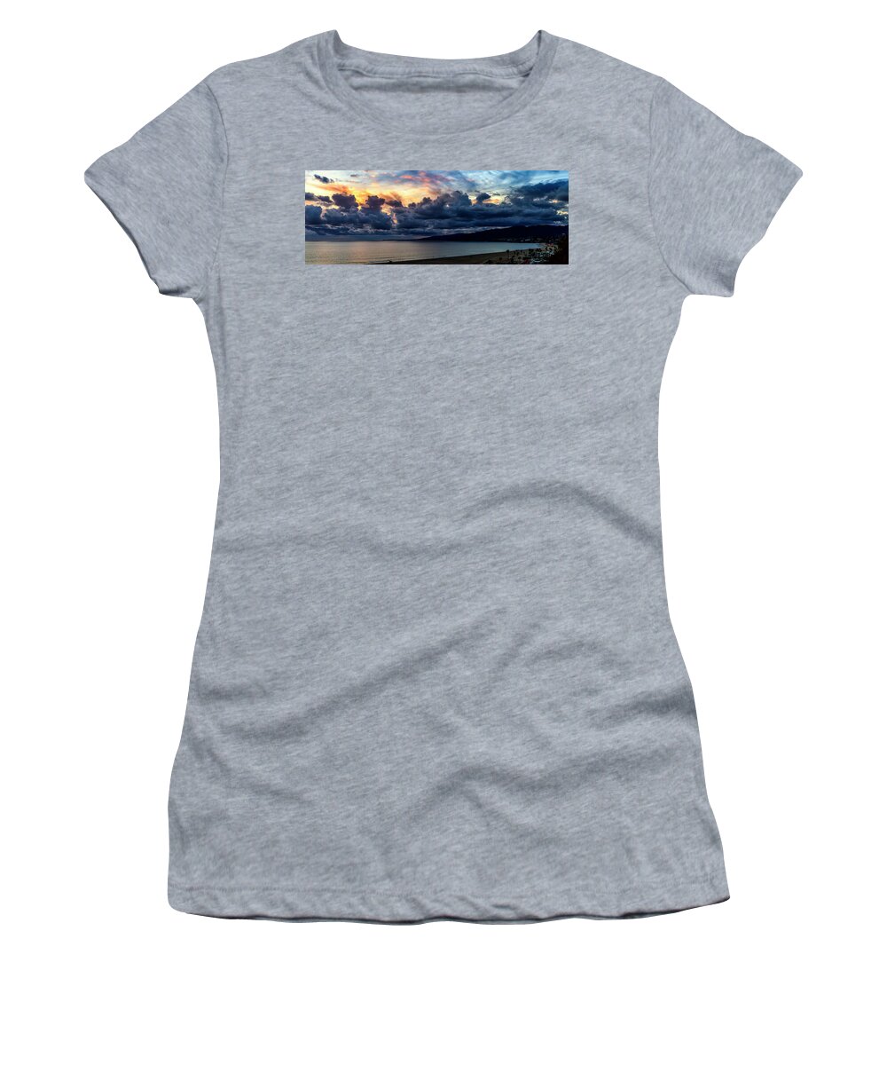 Santa Monica Bay Panorama Women's T-Shirt featuring the photograph Blazing Sky At Sunset - Panorama by Gene Parks