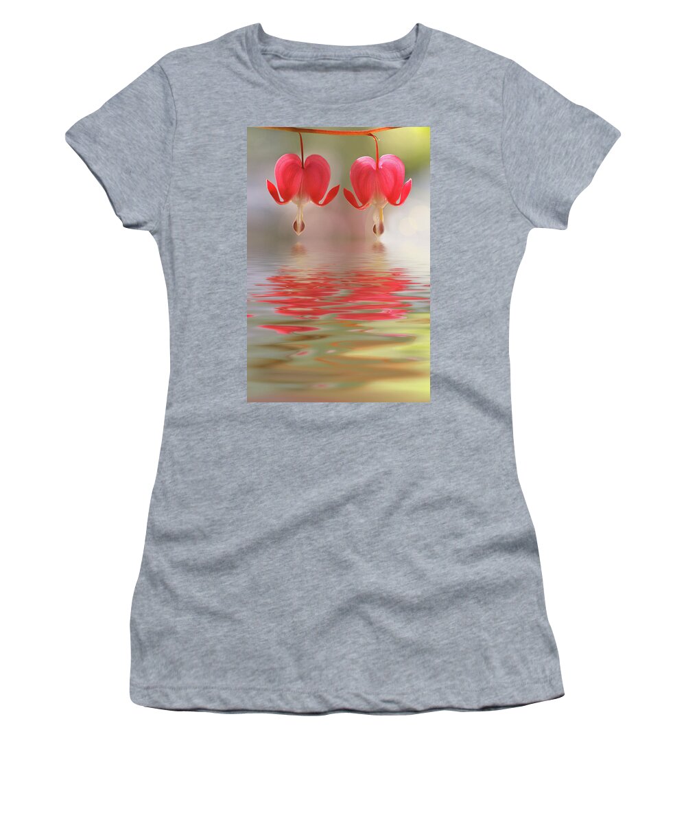 Bleeding Hearts Women's T-Shirt featuring the photograph Bleeding Hearts - Reflections of Love by Peggy Collins