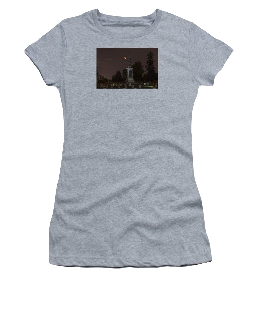 Lunar Eclipse Women's T-Shirt featuring the photograph Blood Moon at the Colorado Volunteers Memorial by Stephen Johnson