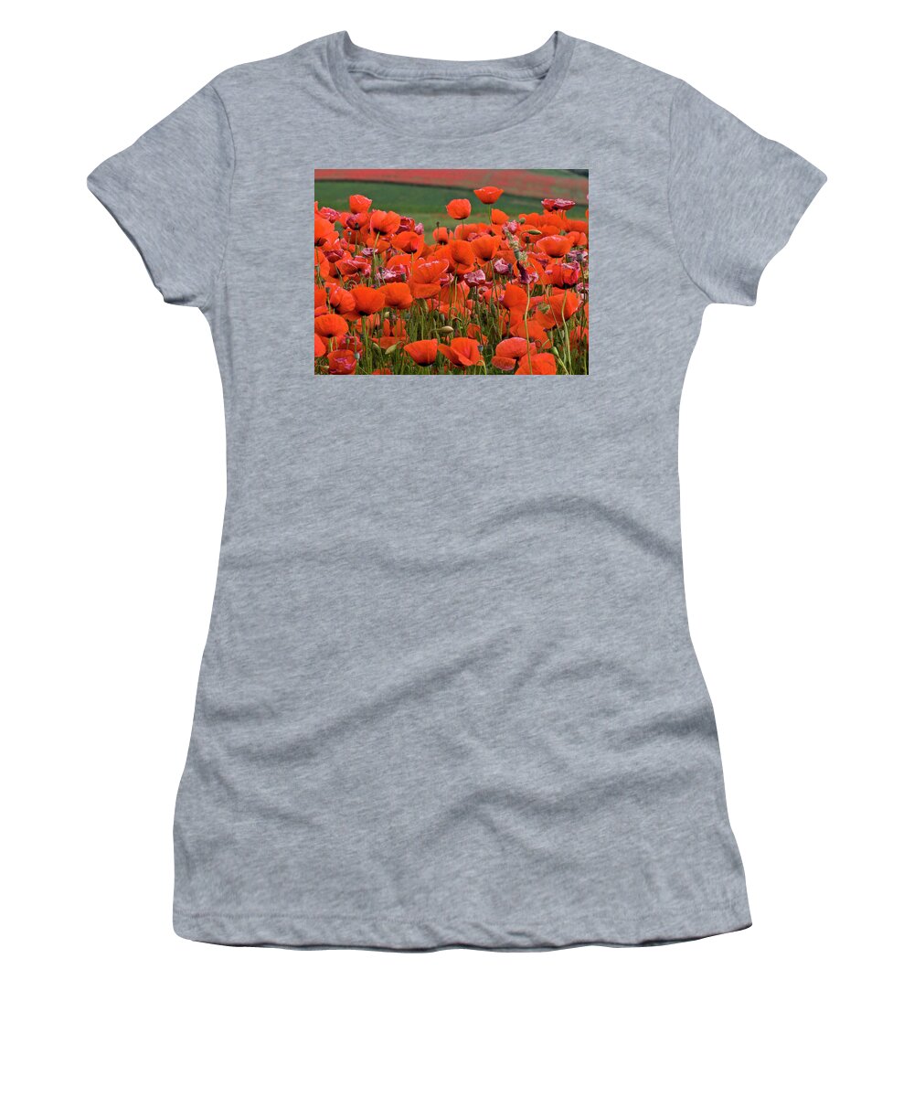 Poppy Women's T-Shirt featuring the photograph Bloom Red Poppy Field by Heiko Koehrer-Wagner