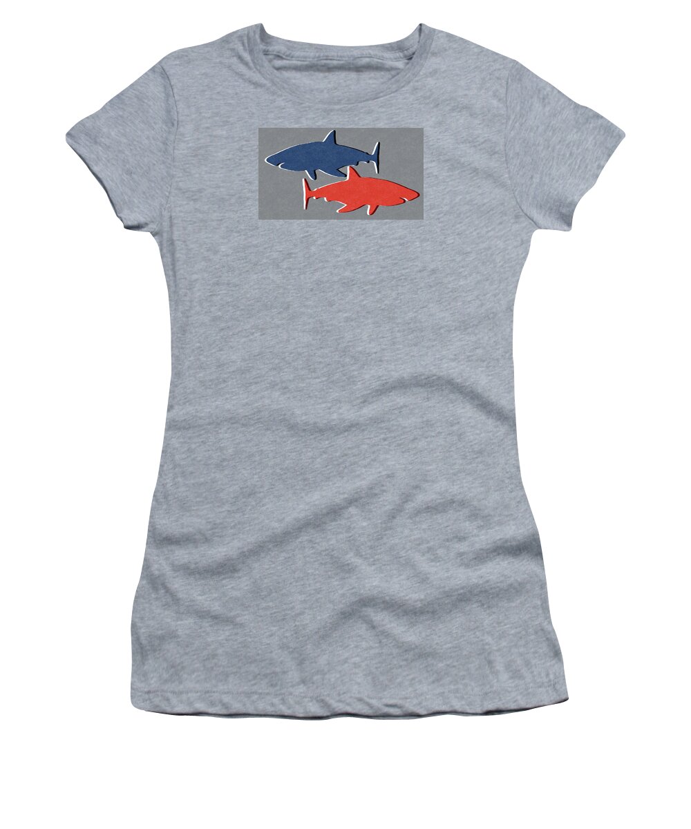 Shark Women's T-Shirt featuring the mixed media Blue and Red Sharks by Linda Woods