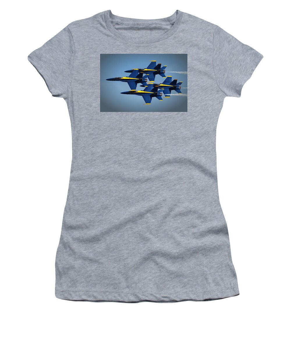 Us Navy Women's T-Shirt featuring the photograph Blue Angels Diamond Formation Over Ocean City MD by Bill Swartwout