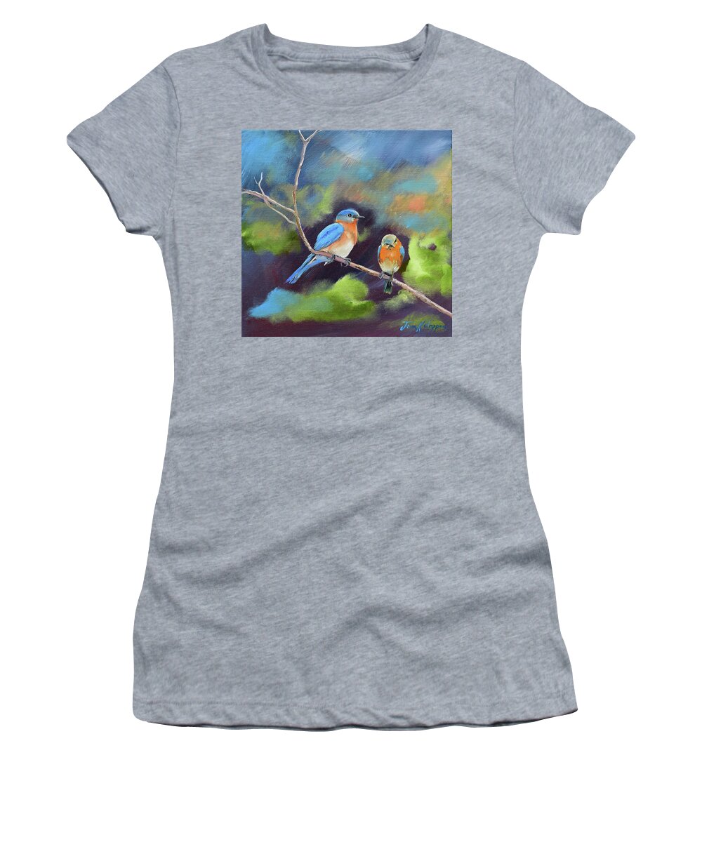 Blue Birds Women's T-Shirt featuring the painting Blue Birds - Soul mates by Jan Dappen