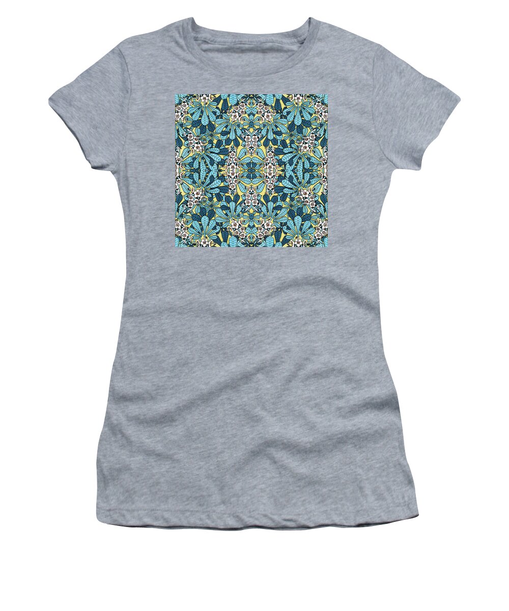 Blue Pattern Women's T-Shirt featuring the mixed media Blue Floral Leaf Pattern by Christina Rollo