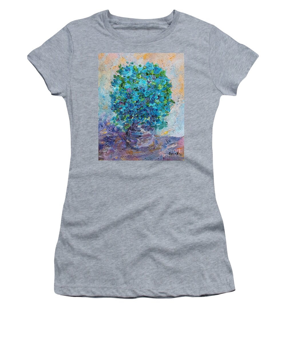 Still Life Women's T-Shirt featuring the painting Blue flowers in a vase by Amalia Suruceanu