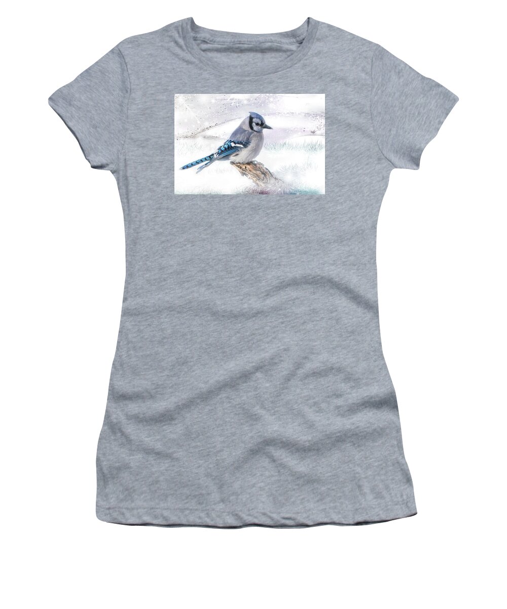 Blue Women's T-Shirt featuring the photograph Blue Jay Snow by Patti Deters