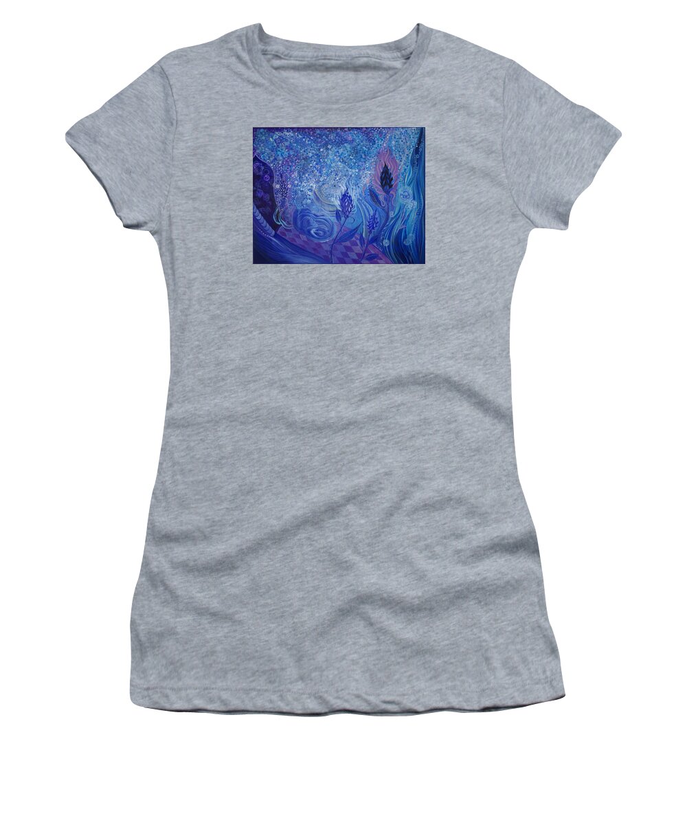 Adria Trail Women's T-Shirt featuring the painting Blue Rosebud Ballroom by Adria Trail