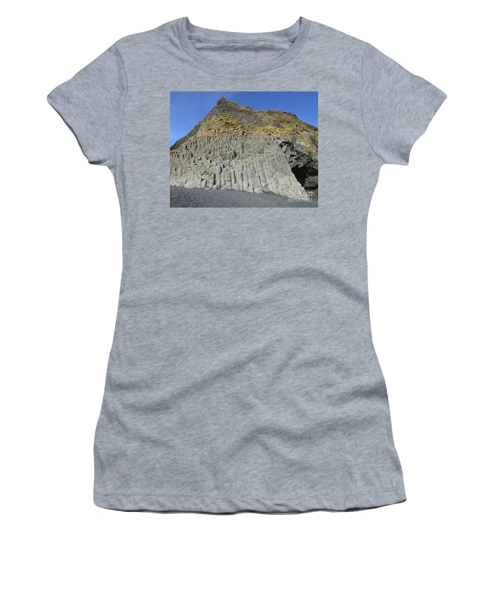 Basalt Women's T-Shirt featuring the photograph Blue Skies Above the Basalt Columns on Black Sand Beach by DejaVu Designs