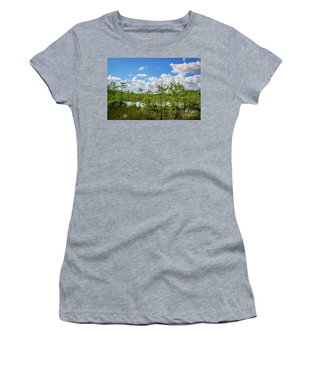Sky Women's T-Shirt featuring the photograph Blue Sky Over Grassy Waters by Tom Claud