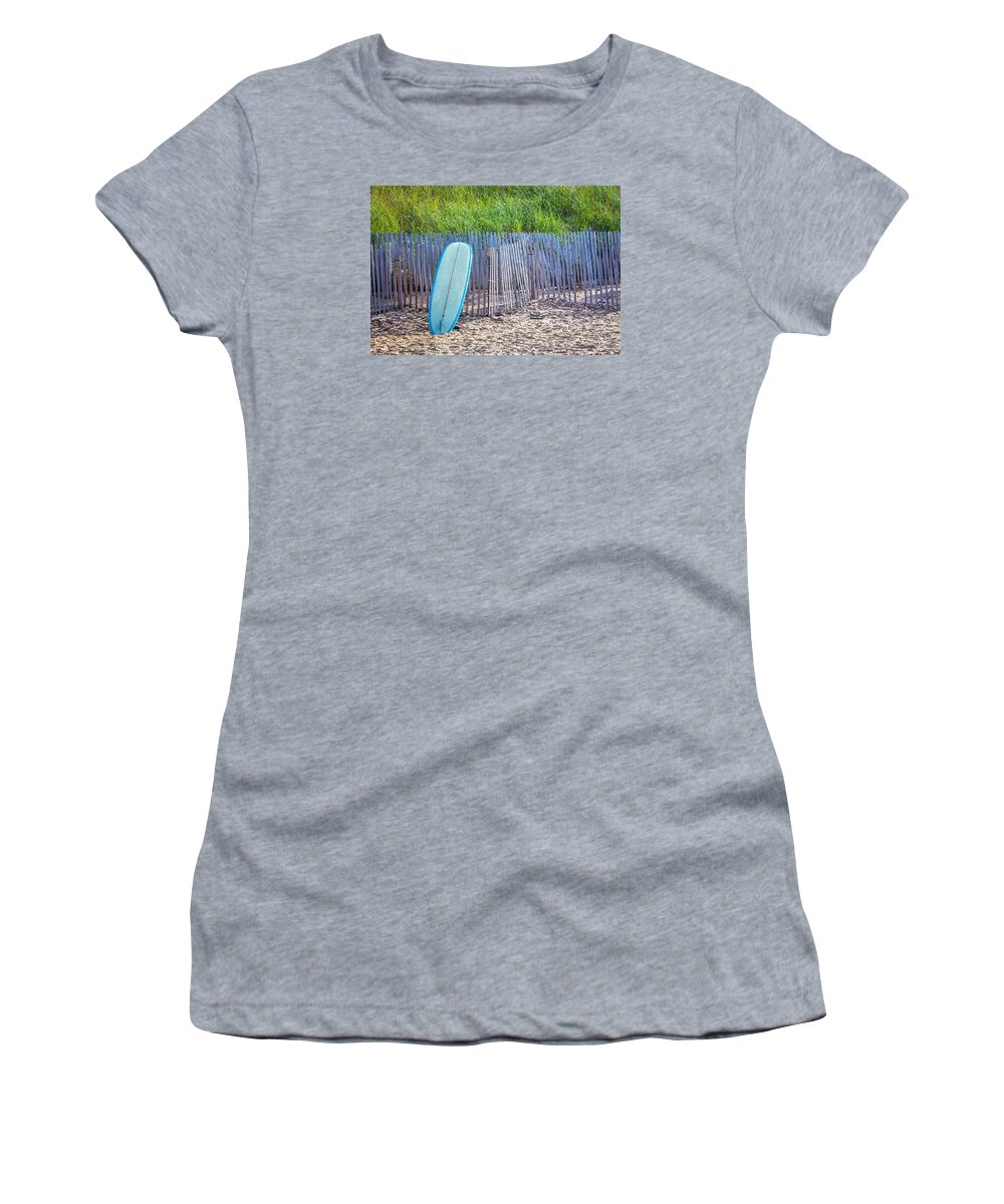 Montauk Women's T-Shirt featuring the photograph Blue Surfboard at Montauk by Art Block Collections