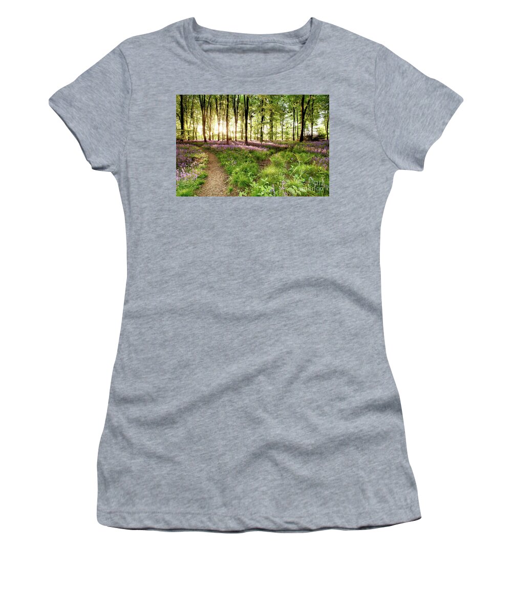 Bluebells Women's T-Shirt featuring the photograph Bluebell woods with birds flocking by Simon Bratt