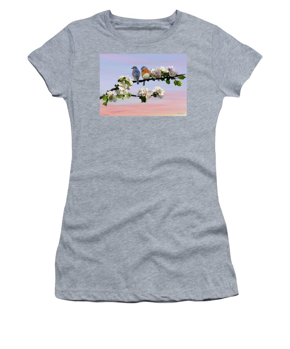Birds Women's T-Shirt featuring the digital art Bluebirds in Apple Tree by M Spadecaller