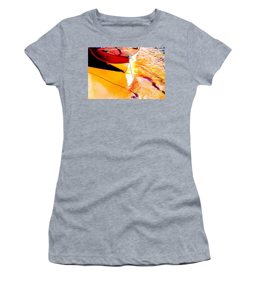 Boat Abstract Yellow Water Orange Women's T-Shirt featuring the photograph Boat abstract by Sheila Smart Fine Art Photography