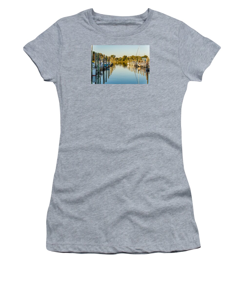Cheesequake Creek Women's T-Shirt featuring the photograph Boats at marina by SAURAVphoto Online Store